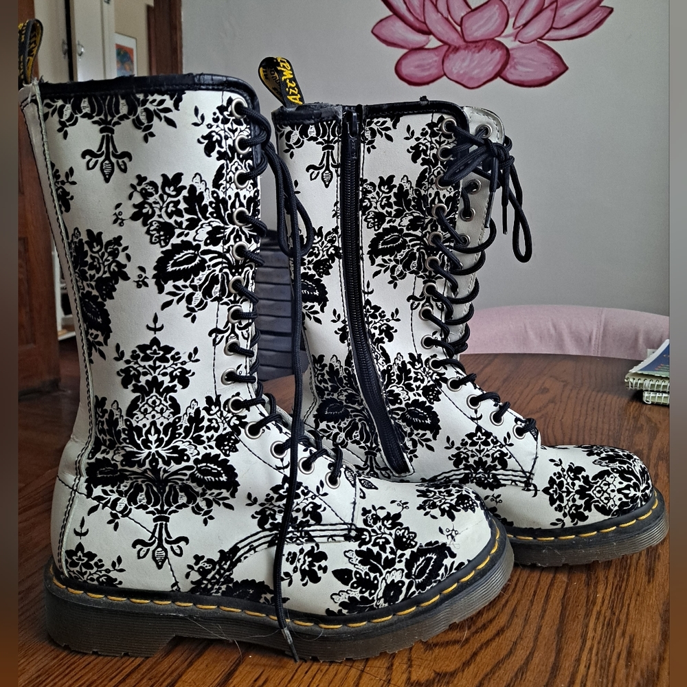 Dr. Martens White Boots with Black Velvet Flocked Floral Pattern